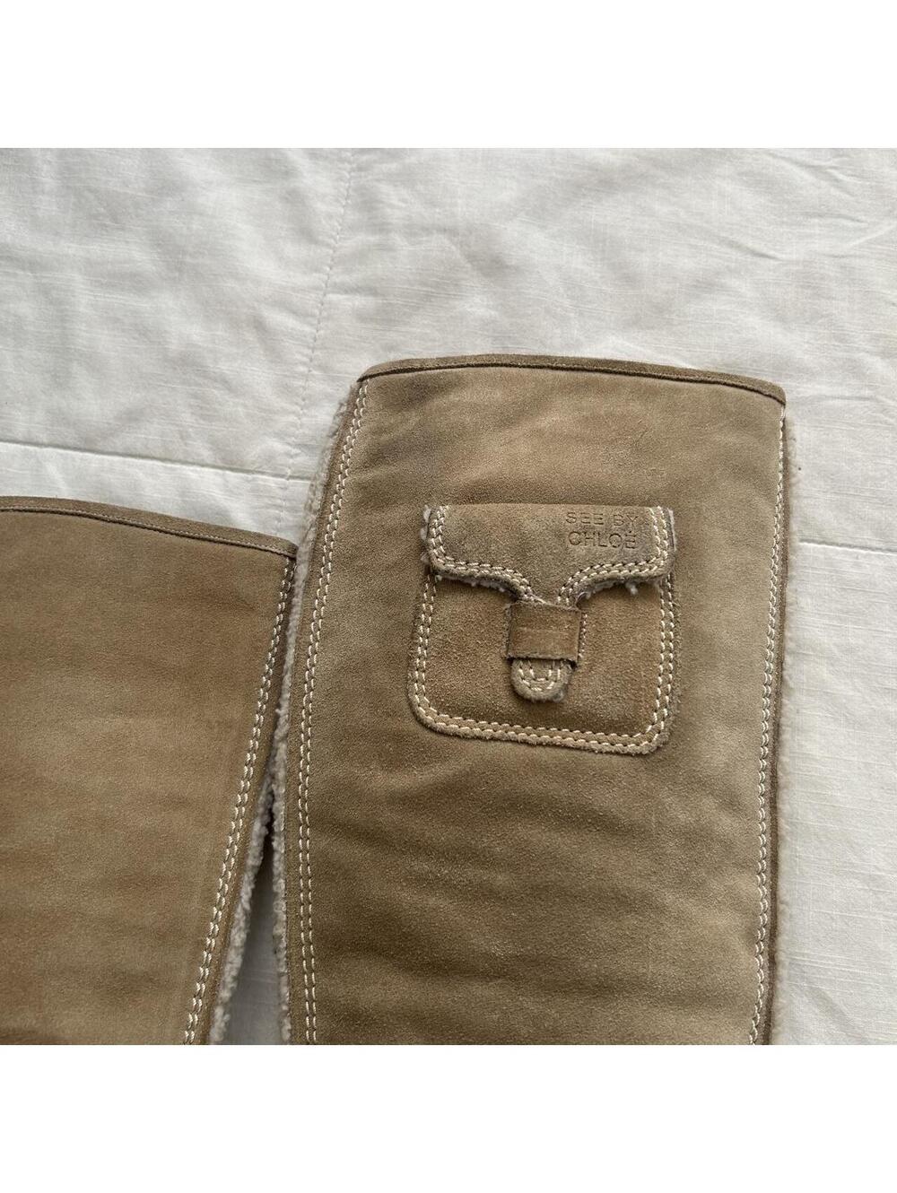 See by Chloé Tan Suede Shearling Lined Knee High Boots Designer 37 - Picture 3 of 7